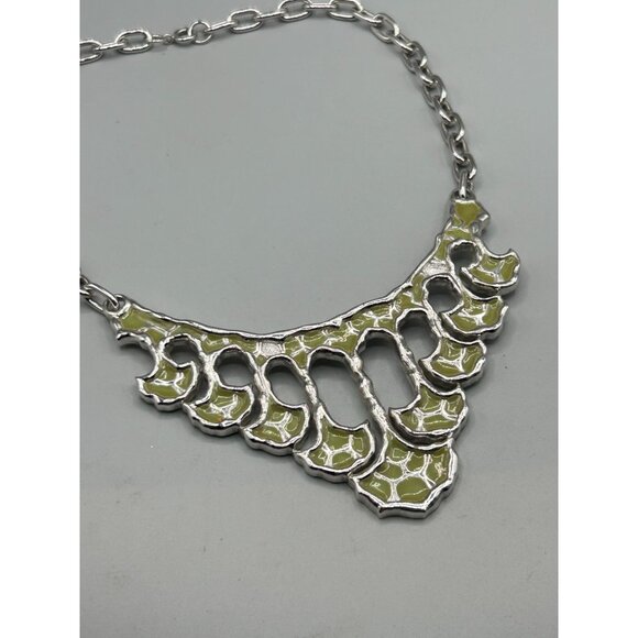 Vintage Signed JOMAZ Necklace Silver Tone & Green Enamel Statement Abstract Bib - Picture 6 of 13